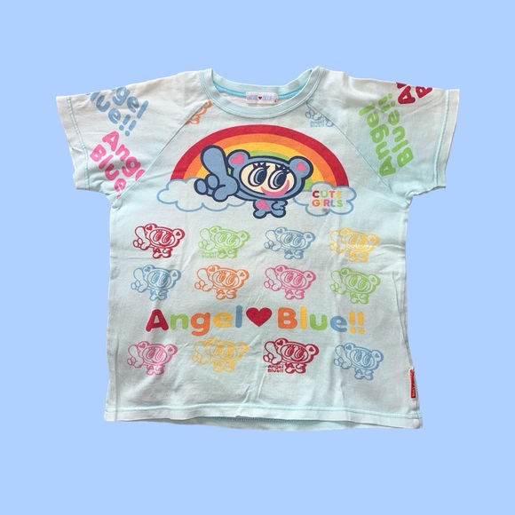 American Vintage Tops - Vintage y2k Angel Blue Rainbow Graphic Baby Tee